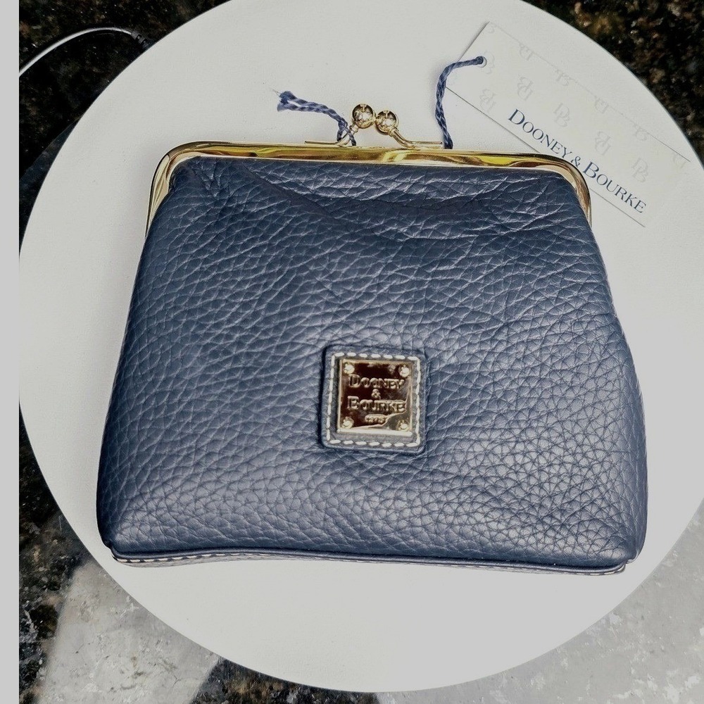 Dooney & Bourke Coin Purse Navy Blue Pebble Leather Kiss Lock Frame Wallet